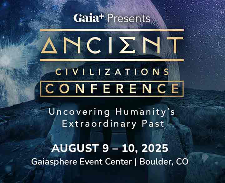 Poster announcing a Gaia Ancient Civlizations conference in 2025. Light lettering on a 
						dark background with a planet superimposed on a galaxy of stars.