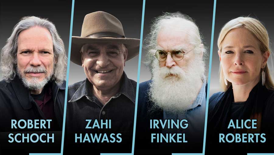 The faces of four panelists for the 2026 Holberg Debate. Dr. Schoch, Dr. Hawass, Dr. Finkel, Dr. Roberts.