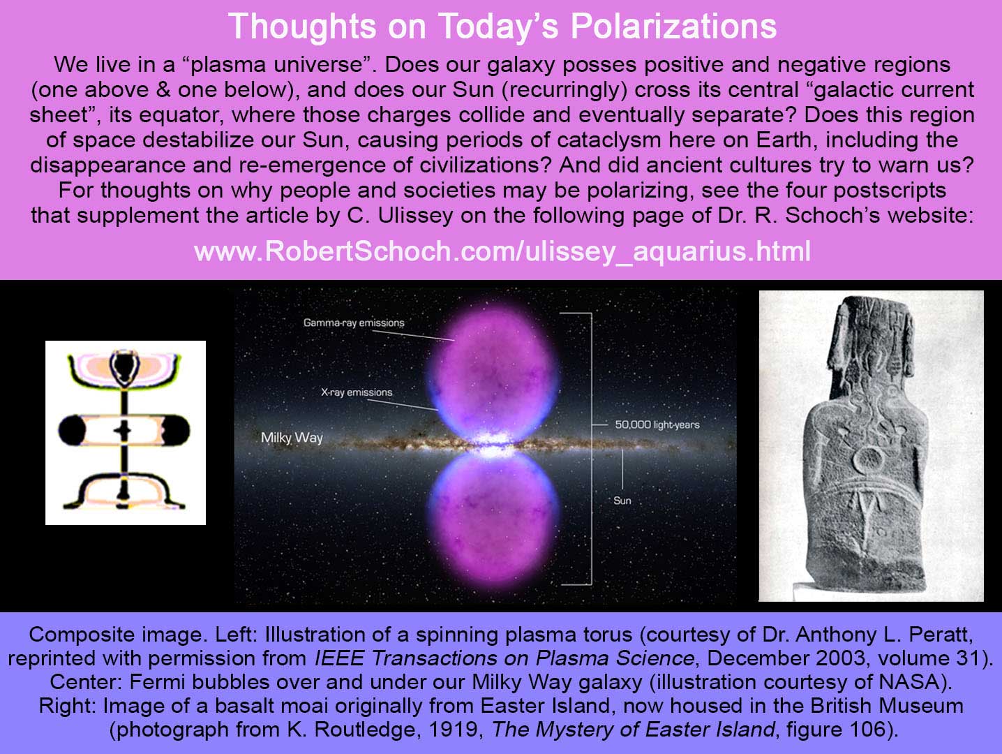 A composite image including the front and back of a Moai, fermi bubbles above and 
					below our Milky Way galaxy, and an illustration of a plasma torus, with accompanying text