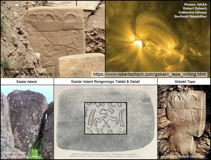 Image montage of Pillar 43 at Göbekli Tepe, a solar flare, a rongorongo tablet, and 
					Easter Island petroglyph