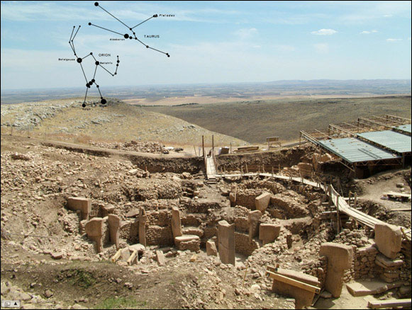 Overview image of Göbekli Tepe looking slightly southeast 
					towards the horizon, with an approximation of the constellations Orion and 
					Taurus as they would appear in the sky