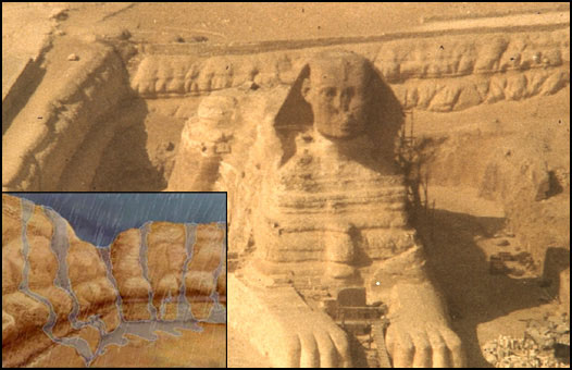 Image of the Great Sphinx of Egypt in its enclosure, combined with an 
					illustration showing the deep fissures and undulating surfaces created 
					by water (rainfall) weathering