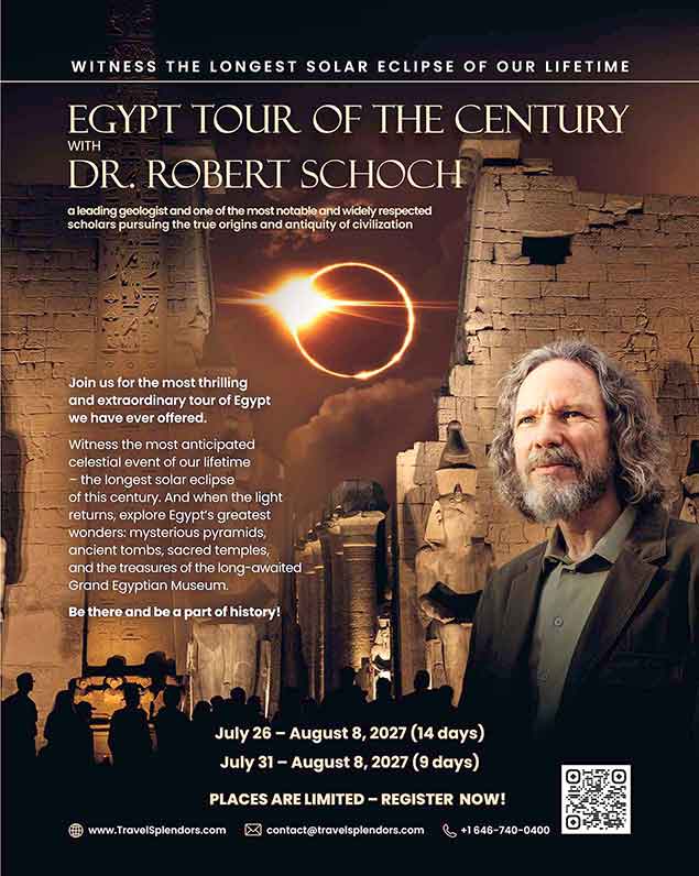 Poster for a tour of Egypt in 2027 to see the full solar eclipse over Luxor