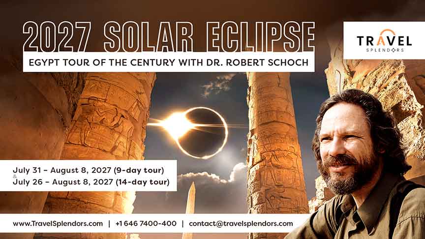 Poster for a tour of Egypt in 2027 to see the full solar eclipse over Luxor